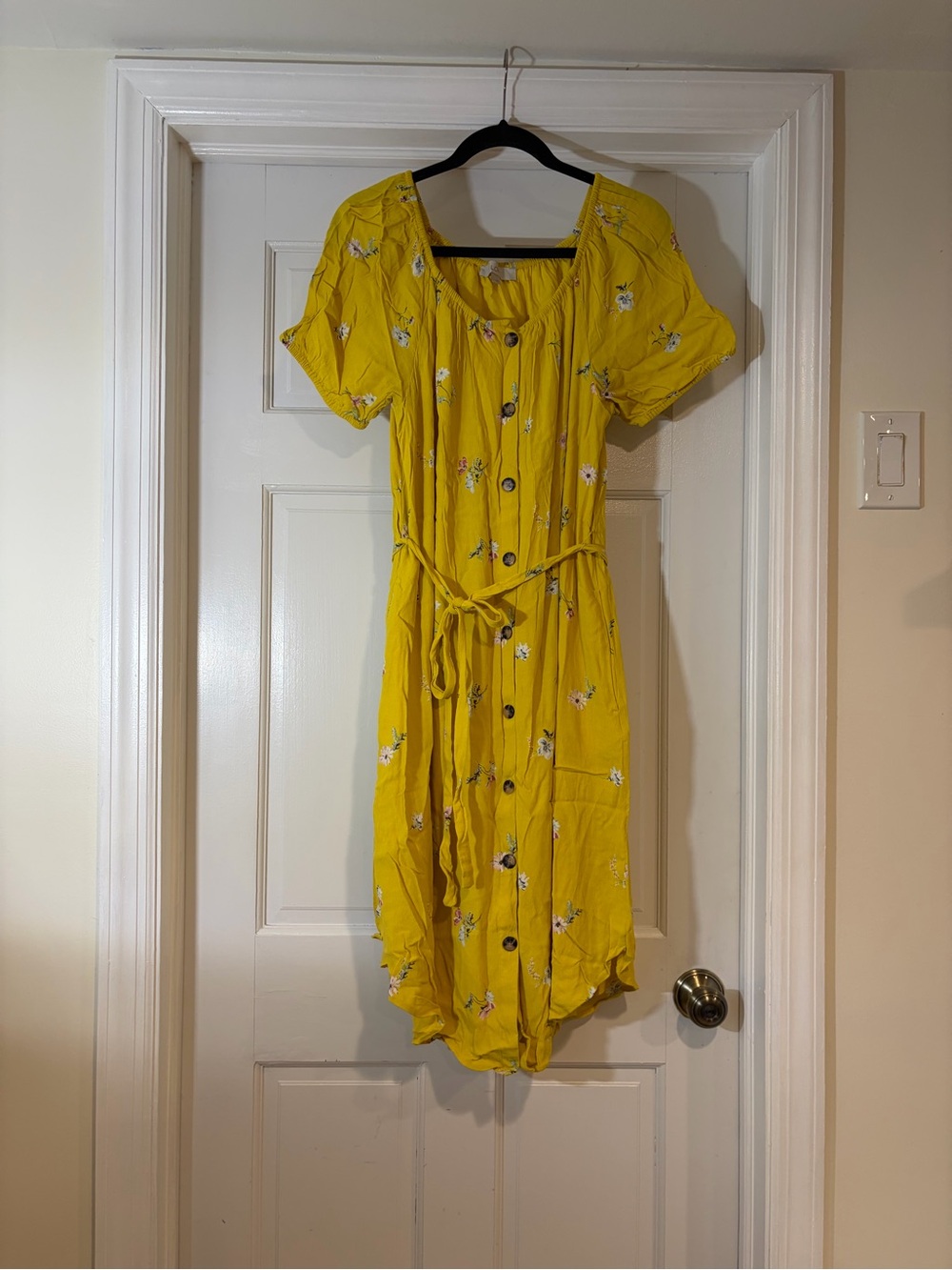 LOFT Yellow Floral Button-Front Midi Dress with Tie Waist
